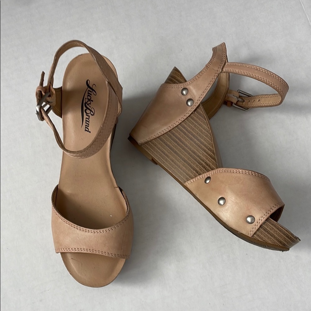 Lucky Brand Marshha Leather Platform Wedge Tan Sandals Size 6